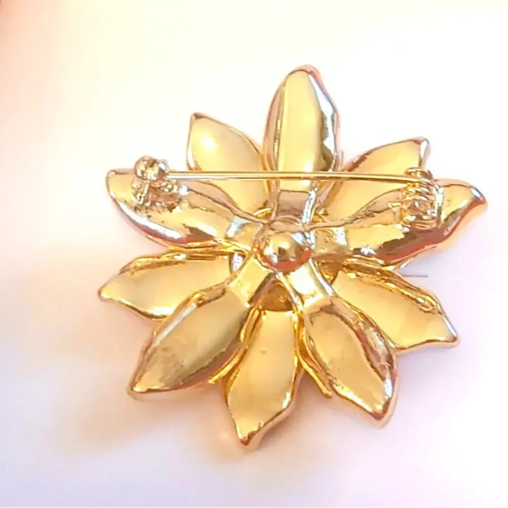 NEW Charter Club POINSETTIA FLOWER BROOCH Red Gold Tone Crystal Rhinestone Box